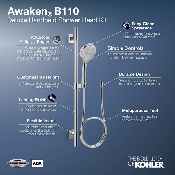 Kohler Awaken B110 24 In. Deluxe FourFunction Handshower Kit, 2.5 Gpm